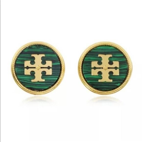 NWOT Tory Burch Gold Logo, Green Malachite Round Stud Earrings - Picture 3 of 4